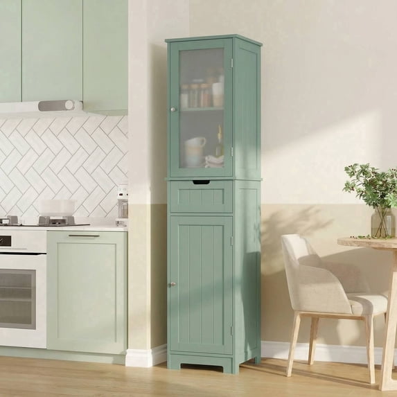 Homfa Narrow Kitchen Pantry Storage Cabinet, 67" Slim Pantry Cabinet with Drawer and Door, Space-Saving Freestanding Storage Cabinet for Small Place, Green