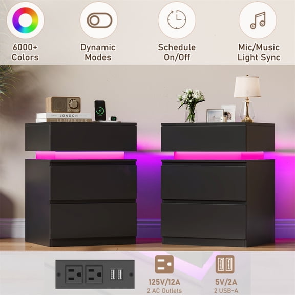Homfa Nightstand Set of 2 with 3 Drawers & Charge Station, Modern LED Sofa Side End Table for Living Room,Wood Bedside Table Night Stand for Bedroom, Black