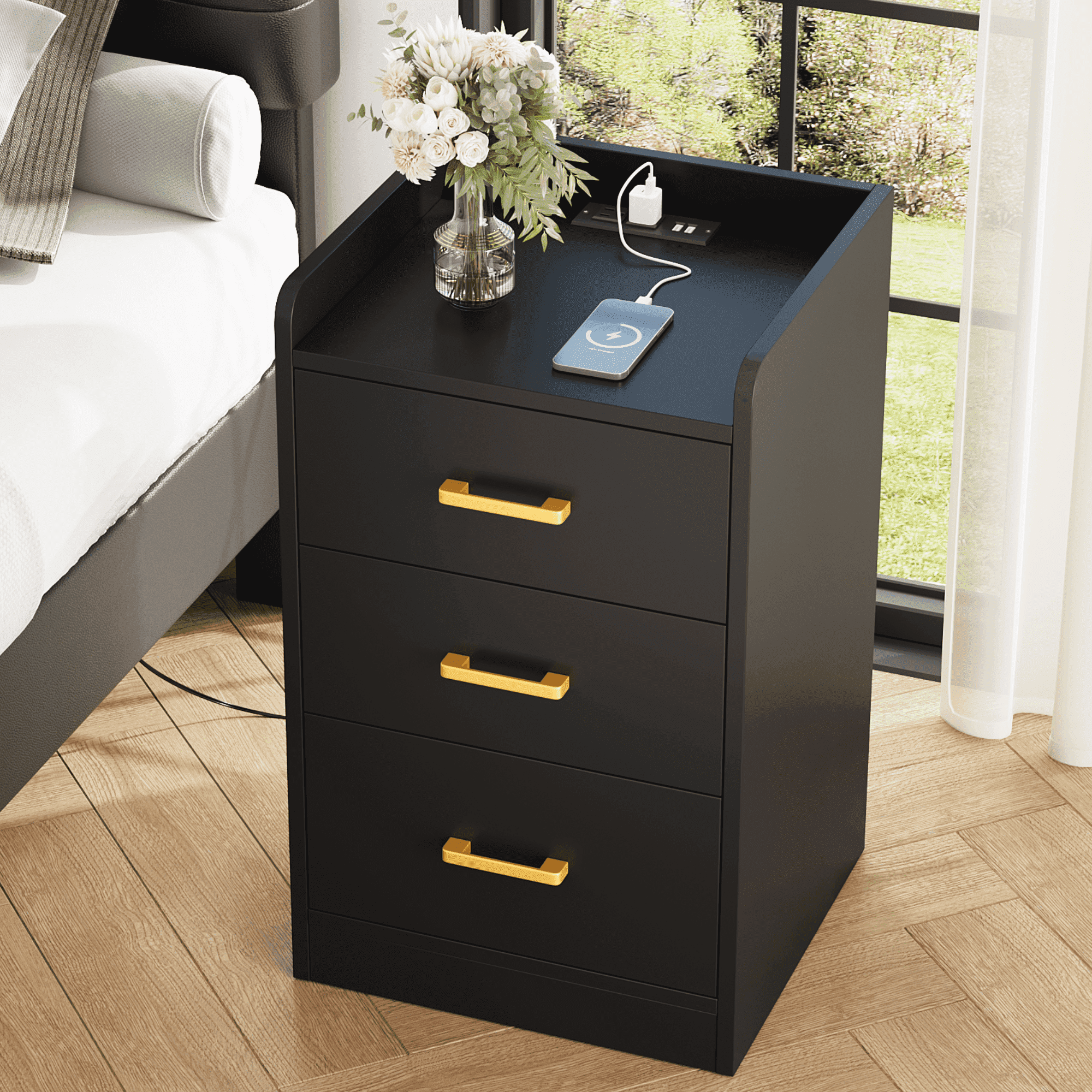 Homfa Nightstand with Charging Station, 3 Drawers Nightstand for Bedroom, Modern Storage Cabinet for Living Room, Black