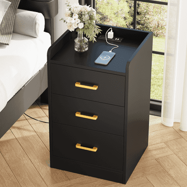 Homfa Nightstand with Charging Station, 3 Drawers Nightstand for Bedroom, Modern Storage Cabinet for Living Room, Black