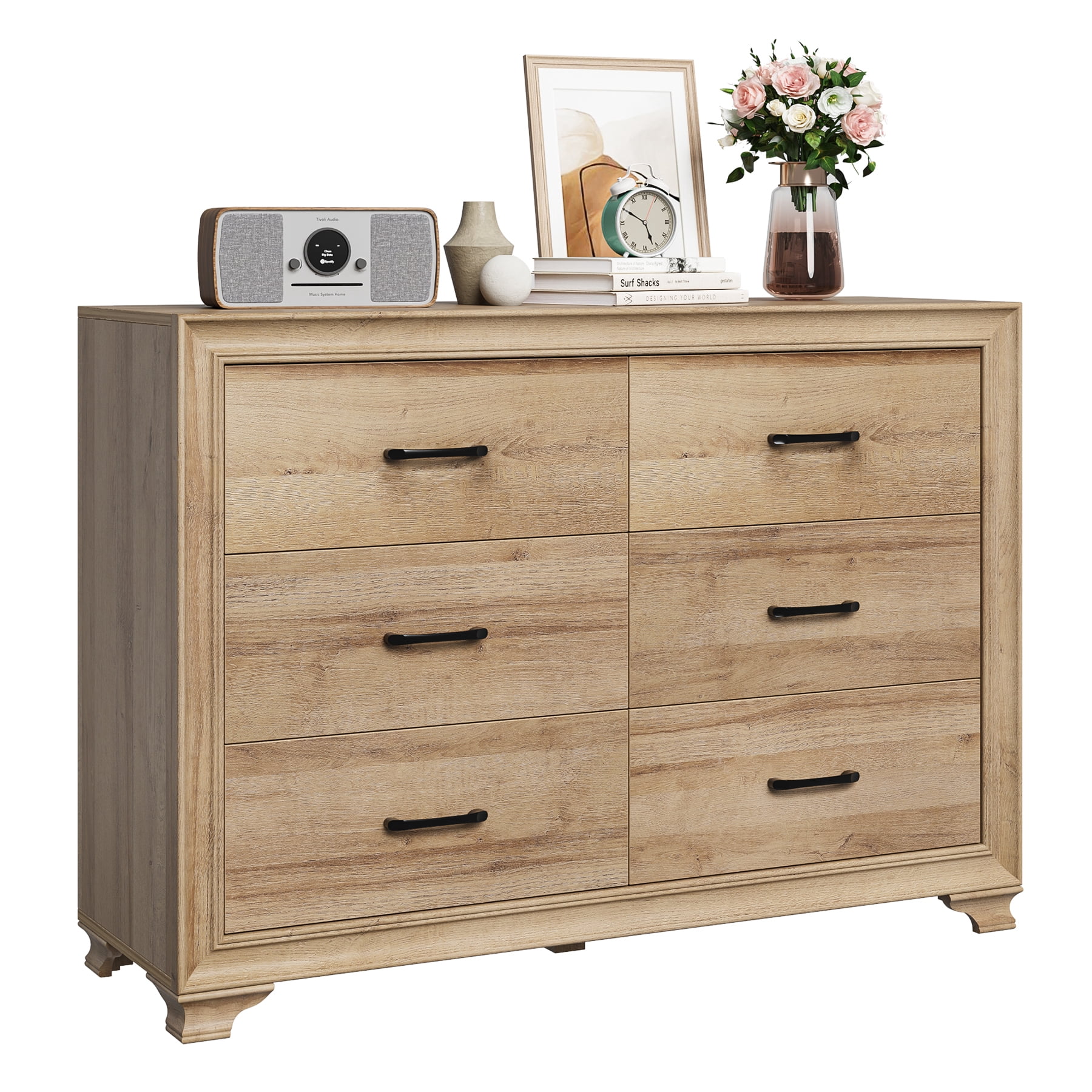 Homfa Oak Dresser, 6 Drawer Double Dresser for Bedroom, 47.2'' Wooden ...
