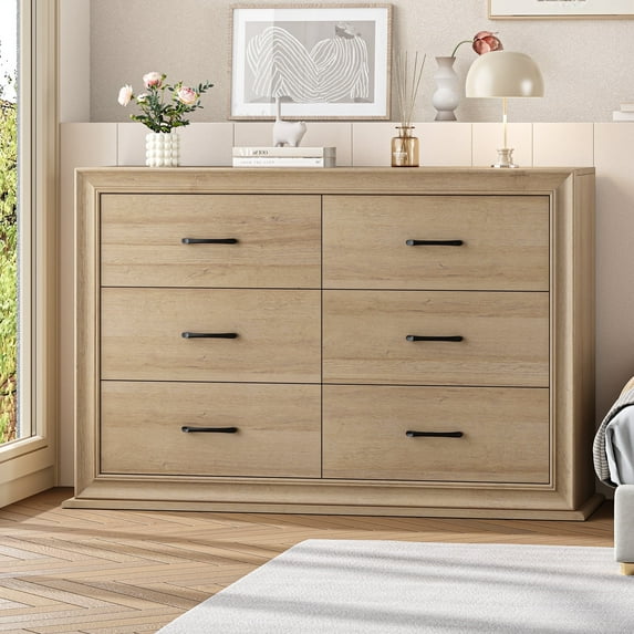 Homfa Oak Dresser, 6 Drawer Double Dresser for Bedroom, 47.2'' Wooden Storage Cabinet for Living Room