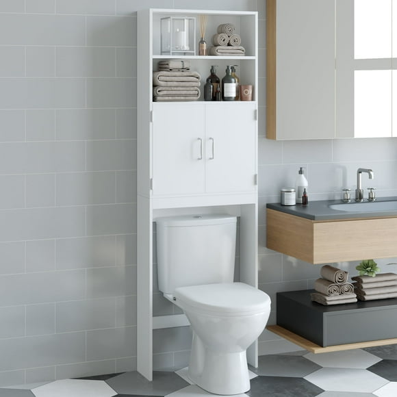 Homfa Over Toilet Storage Cabinet, 4 Tier Bathroom Storage Rack with 2 Doors, White