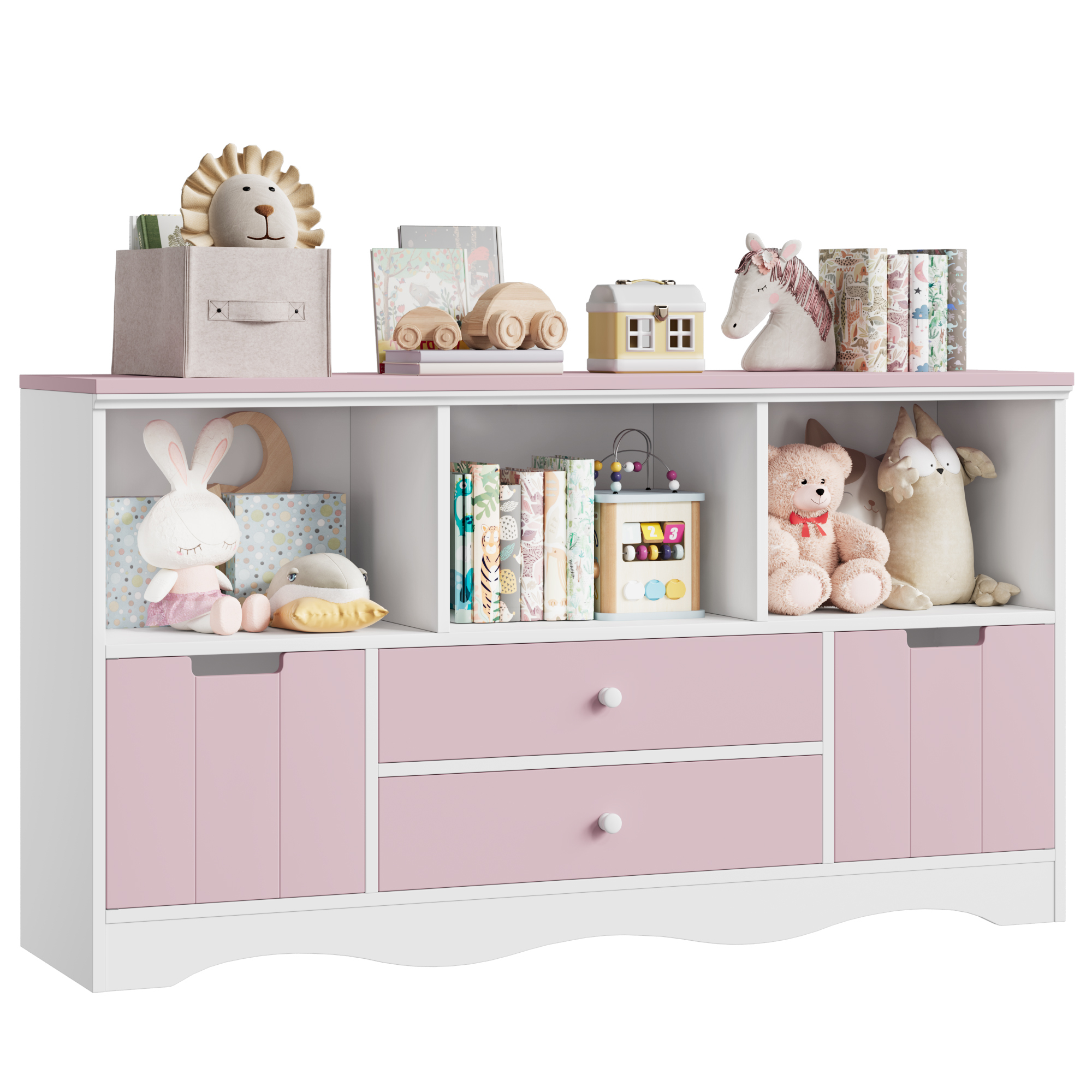 Homfa Pink Bookshelf for Kids, Toy Storage with 2 Drawers and 3