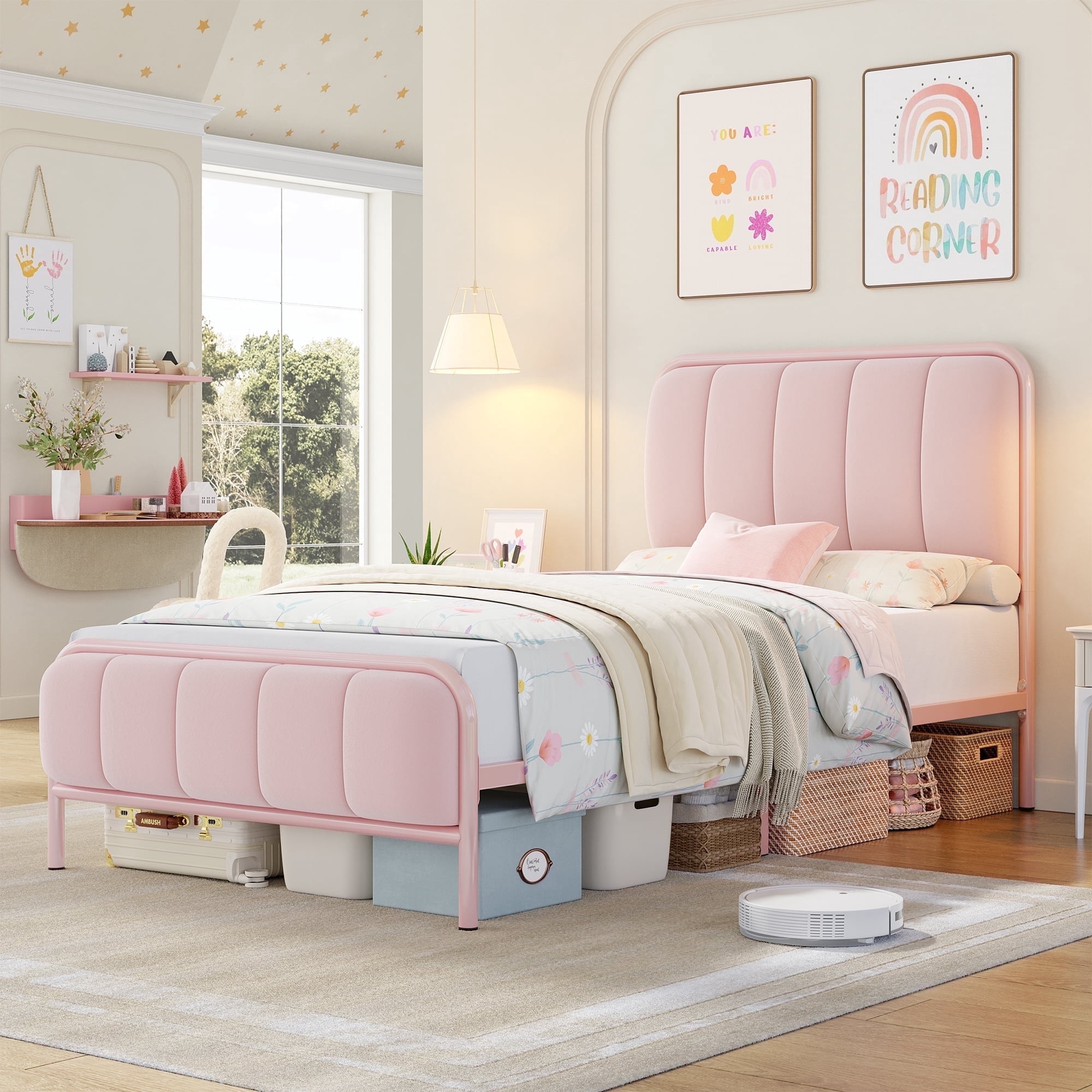 Homfa Pink Twin Metal Bed Frame, Velvet Tufted Headboard, Sturdy