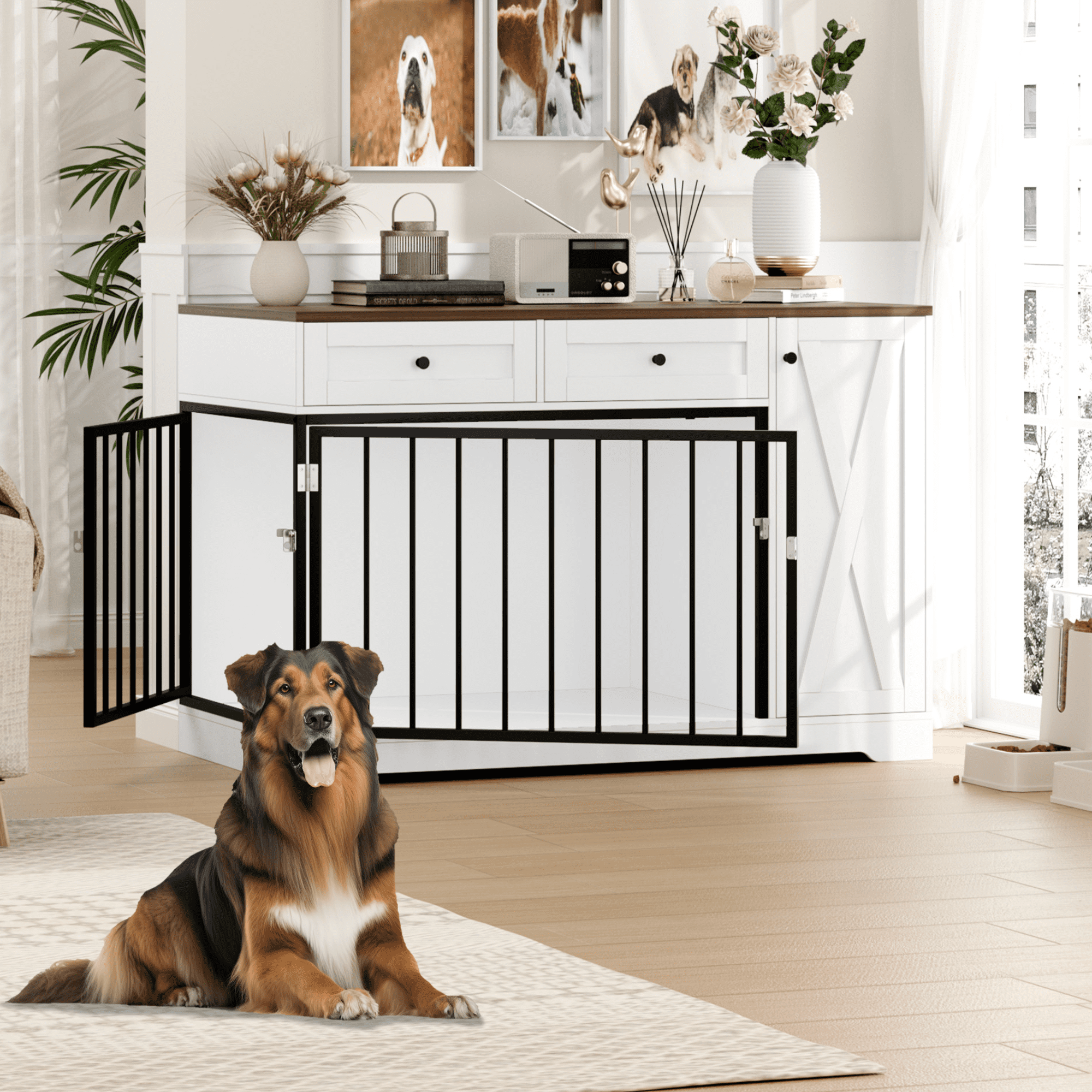 The Coupon deal of  Walmart Black Friday Deals 2025 - Homfa Wooden Dog Crate with Storage Cabinet and Drawers, Large Indoor Pet Kennel, White