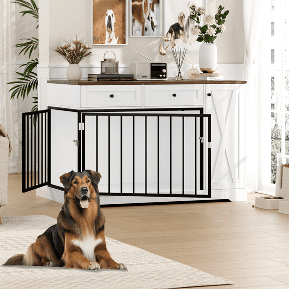 Homfa Dog Crate with Storage Cabinet and 2 Drawers, Indoor Furniture Style Wooden Large Dog Kennel, White
