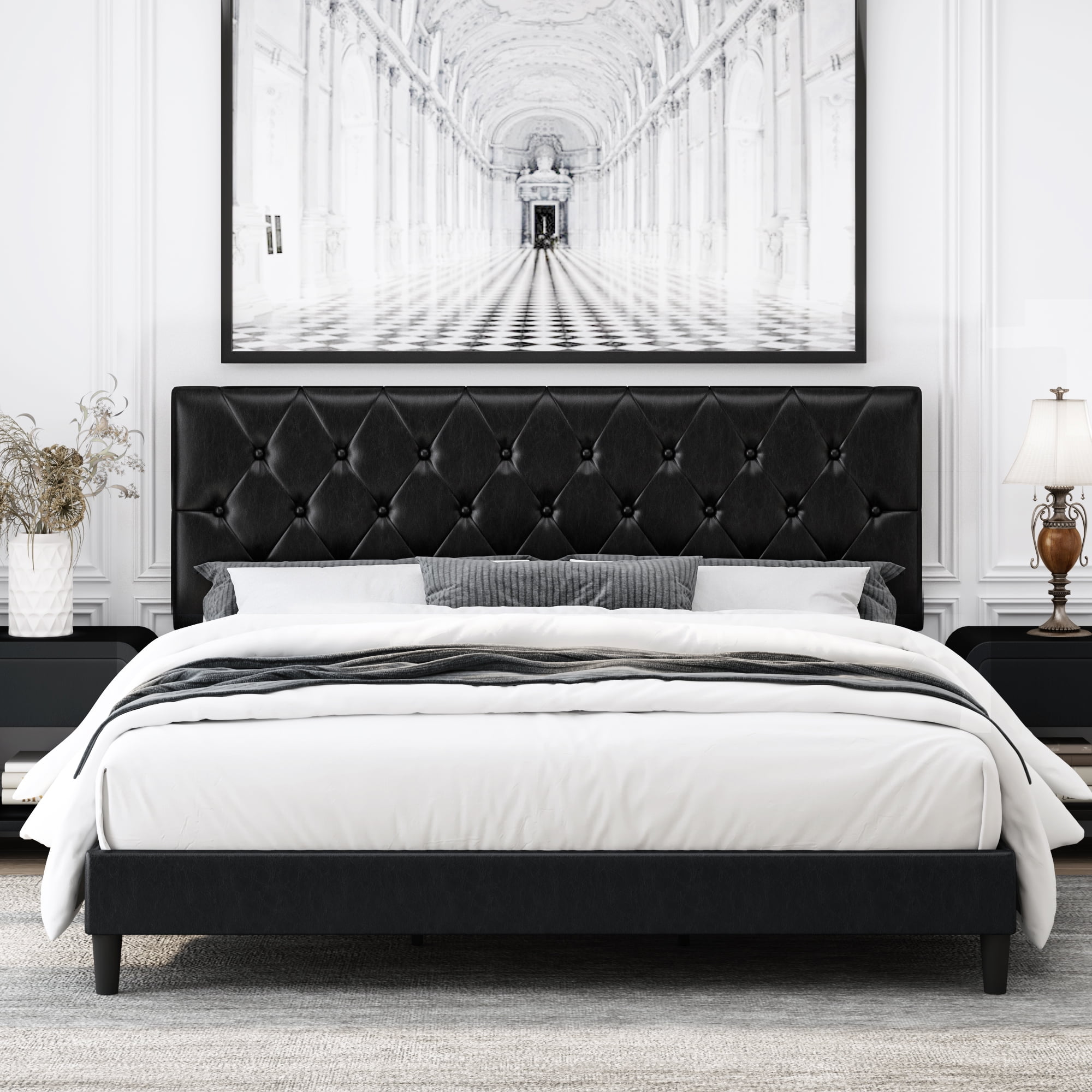 Homfa Queen Bed Frame, Black Faux Leather Upholstered Button Tufted Low Profile Platform Bed Frame with Adjustable Headboard for Bedroom