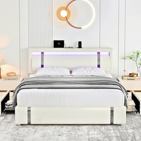 Homfa Queen Size Bed Frame with Led Light & Charge Port & 2 Storage Drawer, PU Low Profile Upholstered Platform Bed with Adjustable Headboard, White