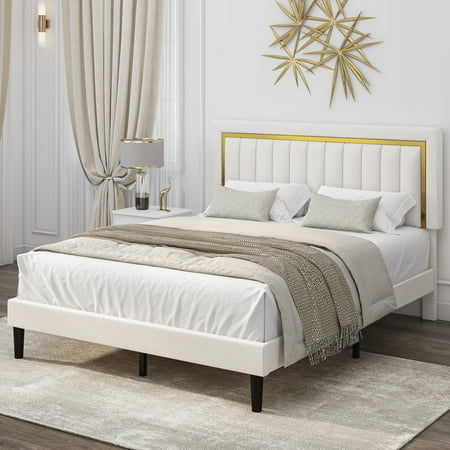 Homfa Queen Bed Frame,Velvet Tufted Upholstered Platform Bed with Adjustable Gold Trim Headboard, Beige