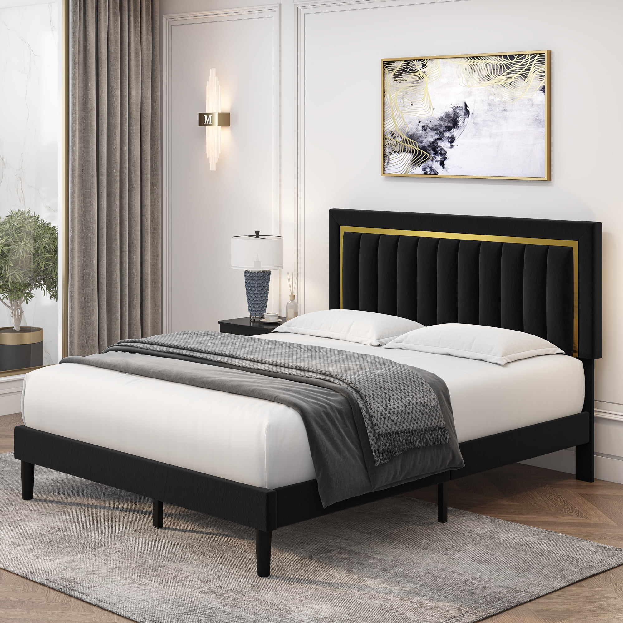 Homfa Queen Bed Frame, Velvet Tufted Upholstered Platform Bed With ...