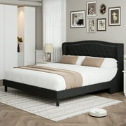 Homfa Queen Bed Frame, Wing-Back Button Tufted Upholstered Headboard, Modern Platform Bed Frame with Wood Slat Support for Bedroom, Black