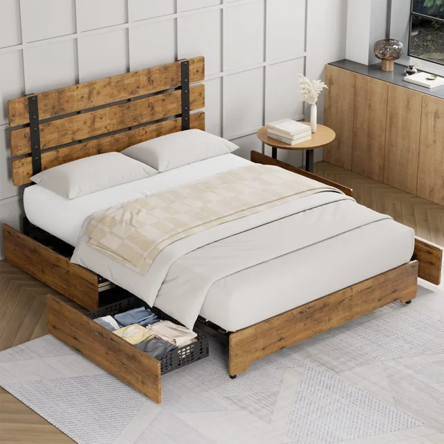Homfa Queen Bed Frame with 4 Storage Drawers, Industrial Wood and Metal