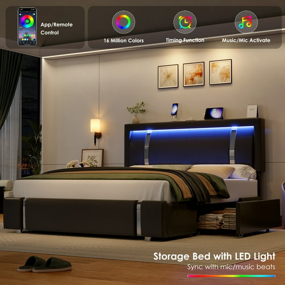 Homfa Queen Bed Frame with LED Headboard & Charge Station & 2 Storage Drawers, PU Leather Upholstery Adjustable Platform Bed Frame, Black