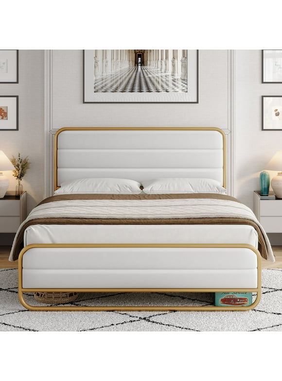 Homfa Queen Bed Frame with PU Leather Upholstered Headboard, Gold Metal Tubular Platform Bed with 10.6" Under Bed Storage, White