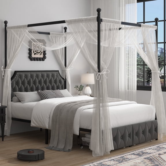 Homfa Queen Canopy Bed Frame with Drawers, Modern Platform Bed with Button Tufted Upholstered Headboard, Canopy Bed Curtain Not Included, Dark Gray