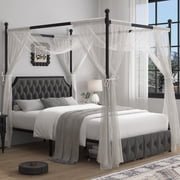 Homfa Queen Canopy Bed Frame with Drawers, Modern Platform Bed with Button Tufted Upholstered Headboard, Canopy Bed Curtain Not Included, Dark Gray