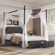 Homfa Queen Canopy Bed Frame with Drawers, Modern Platform Bed with Button Tufted Upholstered Headboard, Canopy Bed Curtain Not Included, Dark Gray