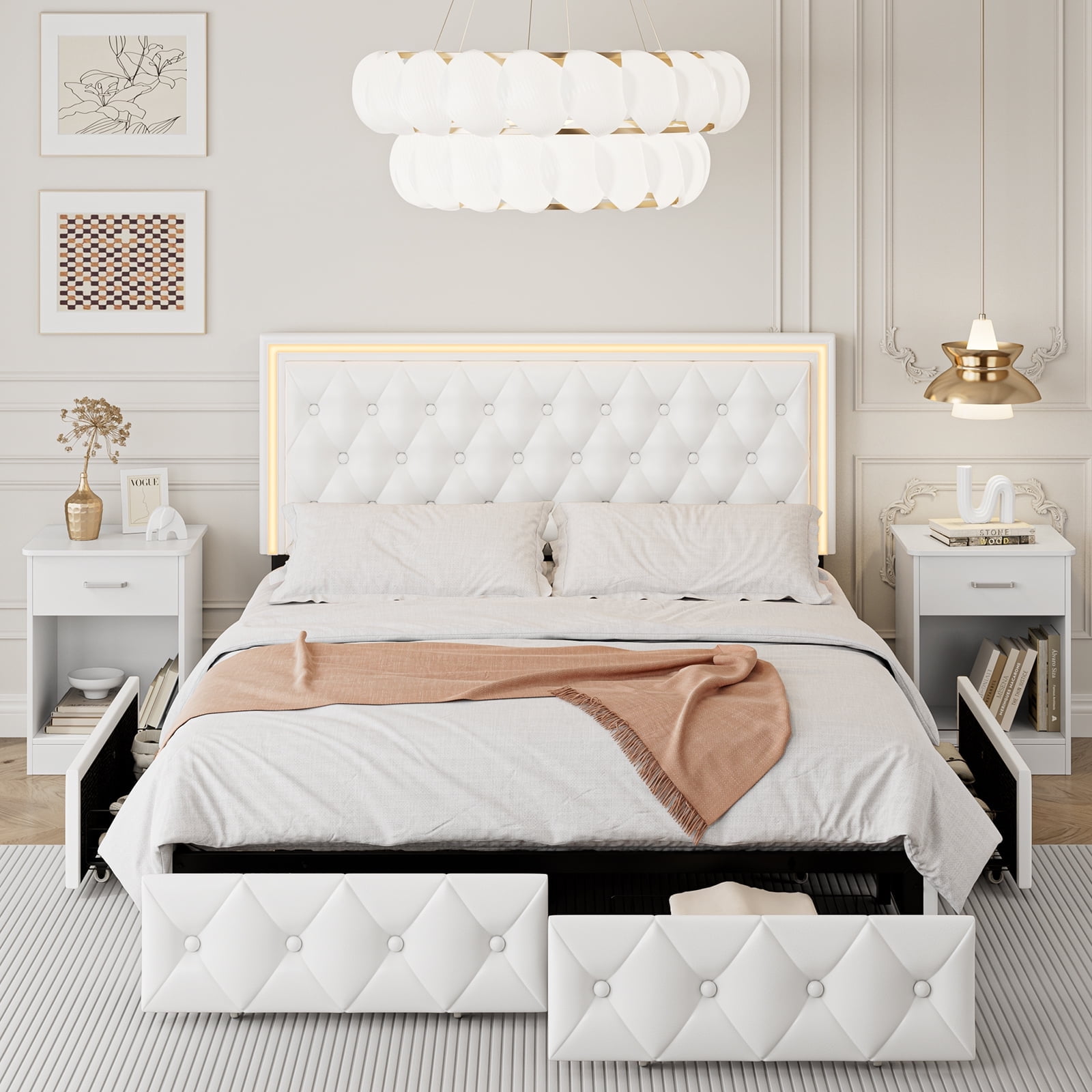 Homfa Queen LED Bed 9 Colors LED Lights Platform Bed Frame with 4 Storage Drawers Adjustable Upholstered Headboard with Button Tufted PU White