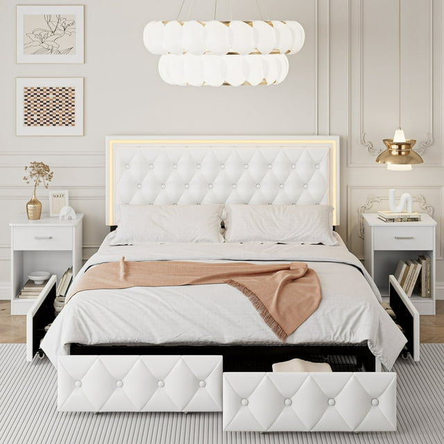 Homfa Queen LED Bed, 9 Colors LED Lights Platform Bed Frame with 4 Storage Drawers, Adjustable Upholstered Headboard with Button Tufted, PU White