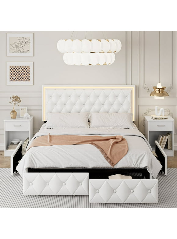 Homfa Queen LED Bed, 9 Colors LED Lights Platform Bed Frame with 4 Storage Drawers, Adjustable Upholstered Headboard with Button Tufted, PU White