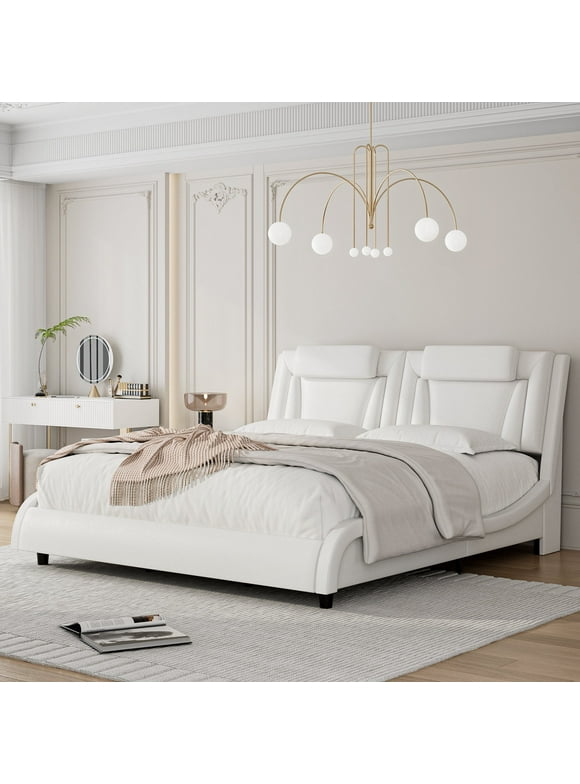 Homfa Queen LED Bed Frame, PU Leather Curved Upholstered Platform Bed with Adjustable Headboard and Pillow, White