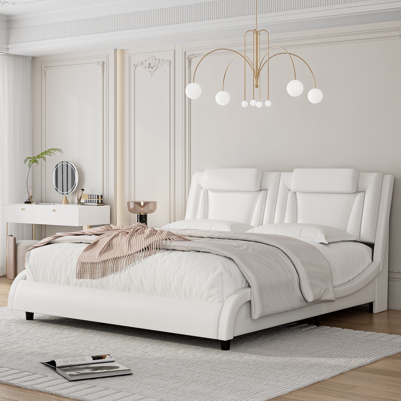 Homfa Queen LED Bed Frame, PU Leather Curved Uphol