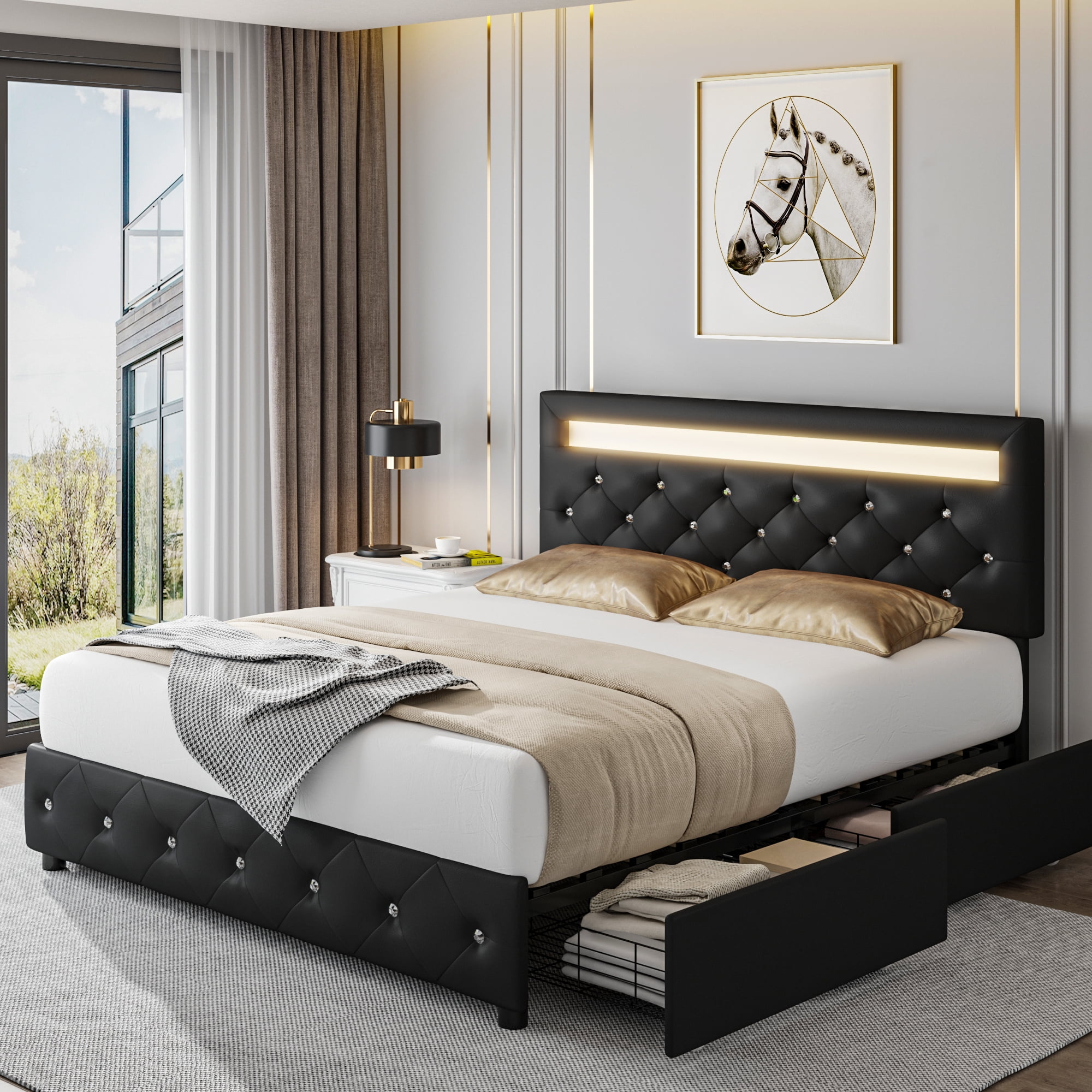 Homfa Queen LED Bed Frame with 4 Storage Drawer, Upholstered Platform Bed  with Adjustable Crystal Button Tufted Headboard, Black