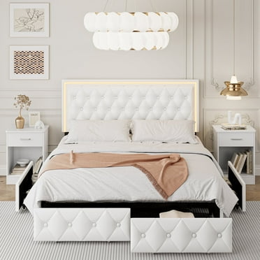 Homfa Queen LED Bed with 4 Drawers, LED Lights Platform Storage Bed Frame with Upholstered Adjustable Button Tufted Headboard, PU White