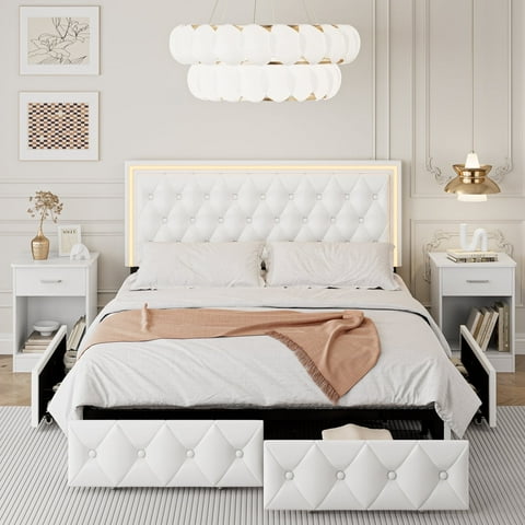 Homfa Queen LED Bed with 4 Drawers, LED Lights Platform Storage Bed Frame with Upholstered Adjustable Button Tufted Headboard, PU White