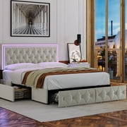 Homfa Queen LED Bed with 4 Drawers, LED Lights Platform Storage Bed Frame with Upholstered Adjustable Button Tufted Headboard, Velvet Beige