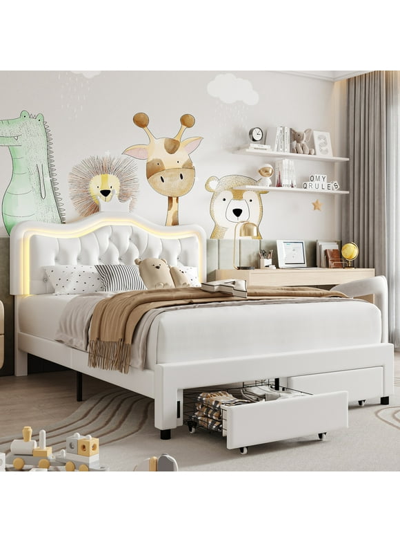 Homfa Queen LED Upholstered Bed with 2 Drawers, PU Leather Platform Bed with Adjustable Crown Headboard, White