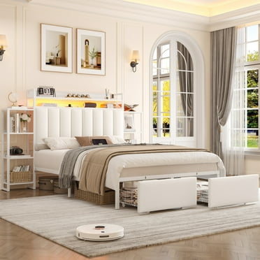 Homfa Queen Metal Bed Frame with Drawer and LED Lights, Platform Bed with Charging Station and Side Shelves, Off-White
