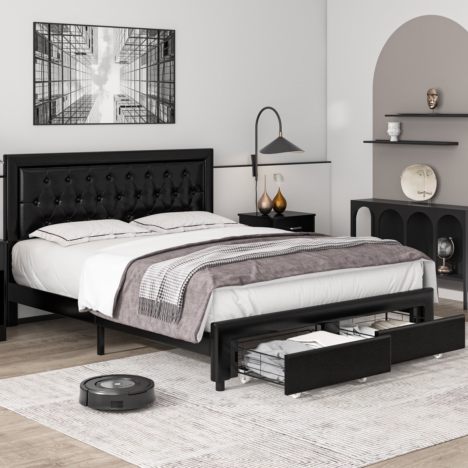 Homfa Queen Size 2 Drawers Bed Frame PU Leather Upholstered Platform Bed with Adjustable Button Headboard Black