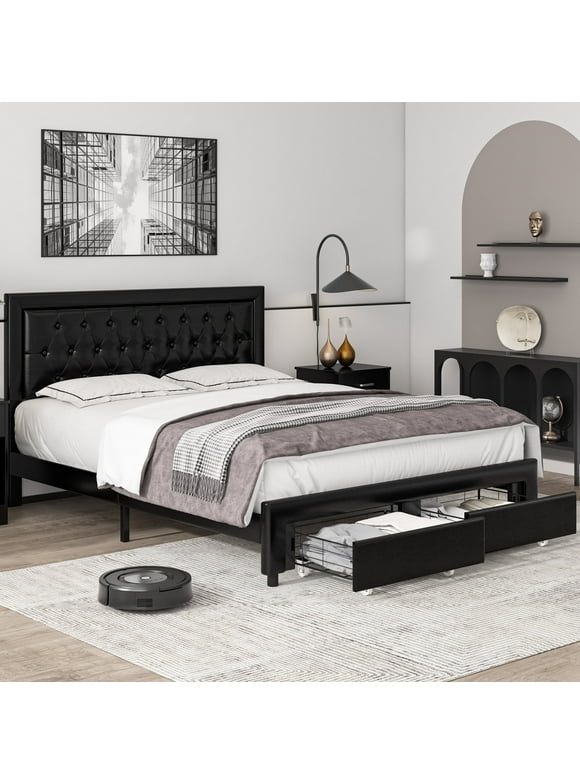Homfa Queen Size 2 Drawers Bed Frame, PU Leather Upholstered Platform Bed with Adjustable Button Headboard, Black