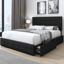 Homfa Queen Size 4 Storage Drawers Bed Frame, Square Tufted Upholstered Platform Bed with Adjustable Headboard, Black
