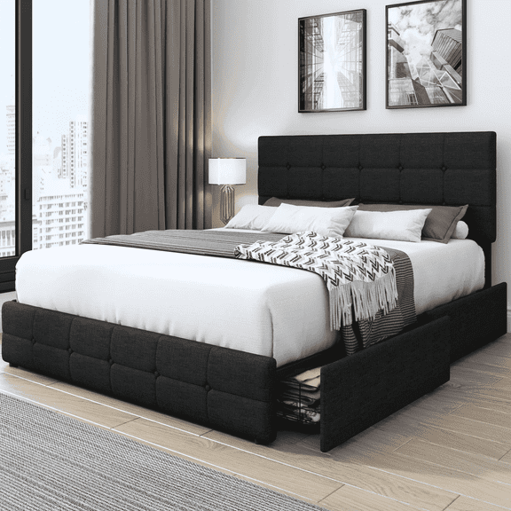 Homfa Queen Size 4 Storage Drawers Bed Frame, Square Tufted Upholstered Platform Bed with Adjustable Headboard, Black