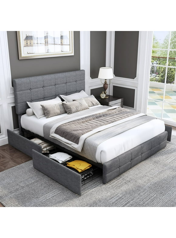 Homfa Queen Size 4 Storage Drawers Bed Frame, Square Tufted Upholstered Platform Bed with Adjustable Headboard, Light Grey