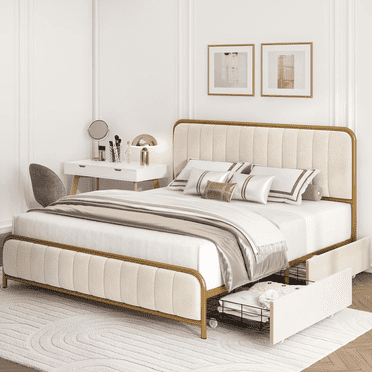 Homfa Queen Size 4 Storage Drawers Bed, Gold Platform Bed Frame with Tufted Upholstered Headboard, Gold and Beige