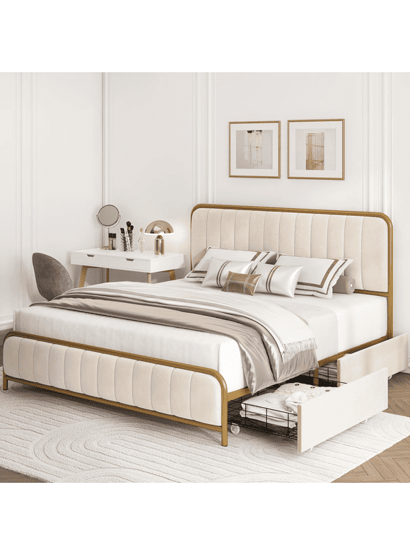 Homfa Queen Size 4 Storage Drawers Bed, Gold Platform Bed Frame with Tufted Upholstered Headboard, Beige