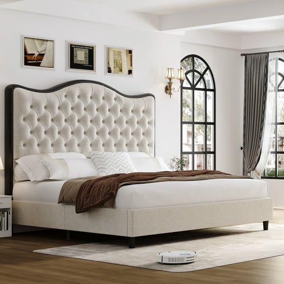 Homfa Queen Size 54.5'' H Linen Upholstered Bed Frame, Modern Platform Bed with Deep Button Tufted Headboard, Beige/Black
