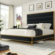 Homfa Queen Size 54.5" Tall Bed Frame, Modern Velvet Upholstered Platform Bed with Metal Frame, Black