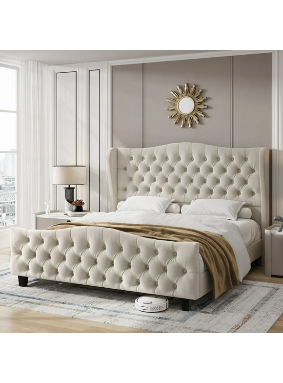 Homfa Queen Size Bed, 54.3” Tall Modern Velvet Tufted Upholstered Platform Bed Frame with Deep Button Wingback Headboard, Beige