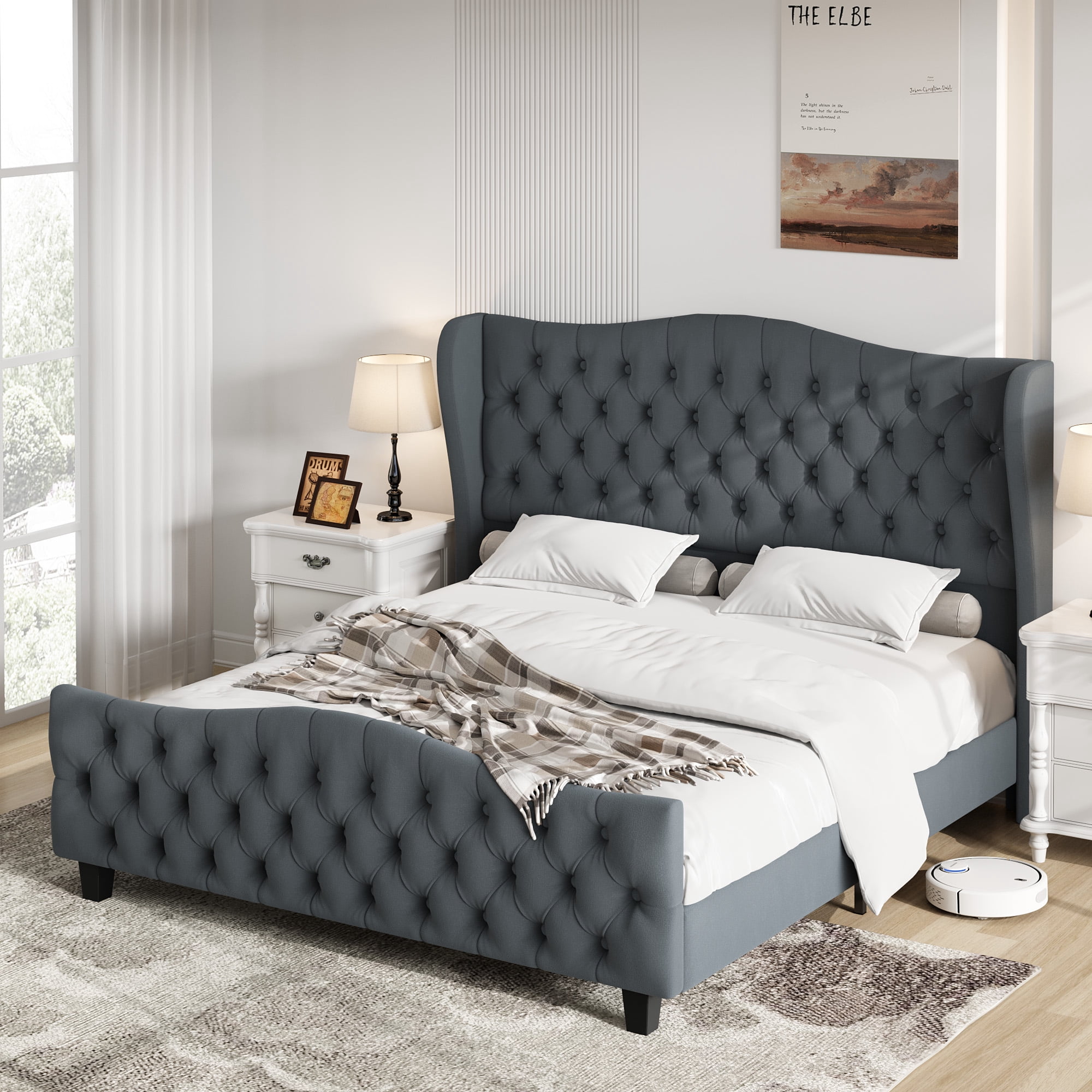 Homfa Queen Size Bed Frame with Tall Tufted Headboard, 54.3” Tall Modern Velvet Upholstered Platform Bed Frame with Deep Button Wingback Headboard, Dark Gray