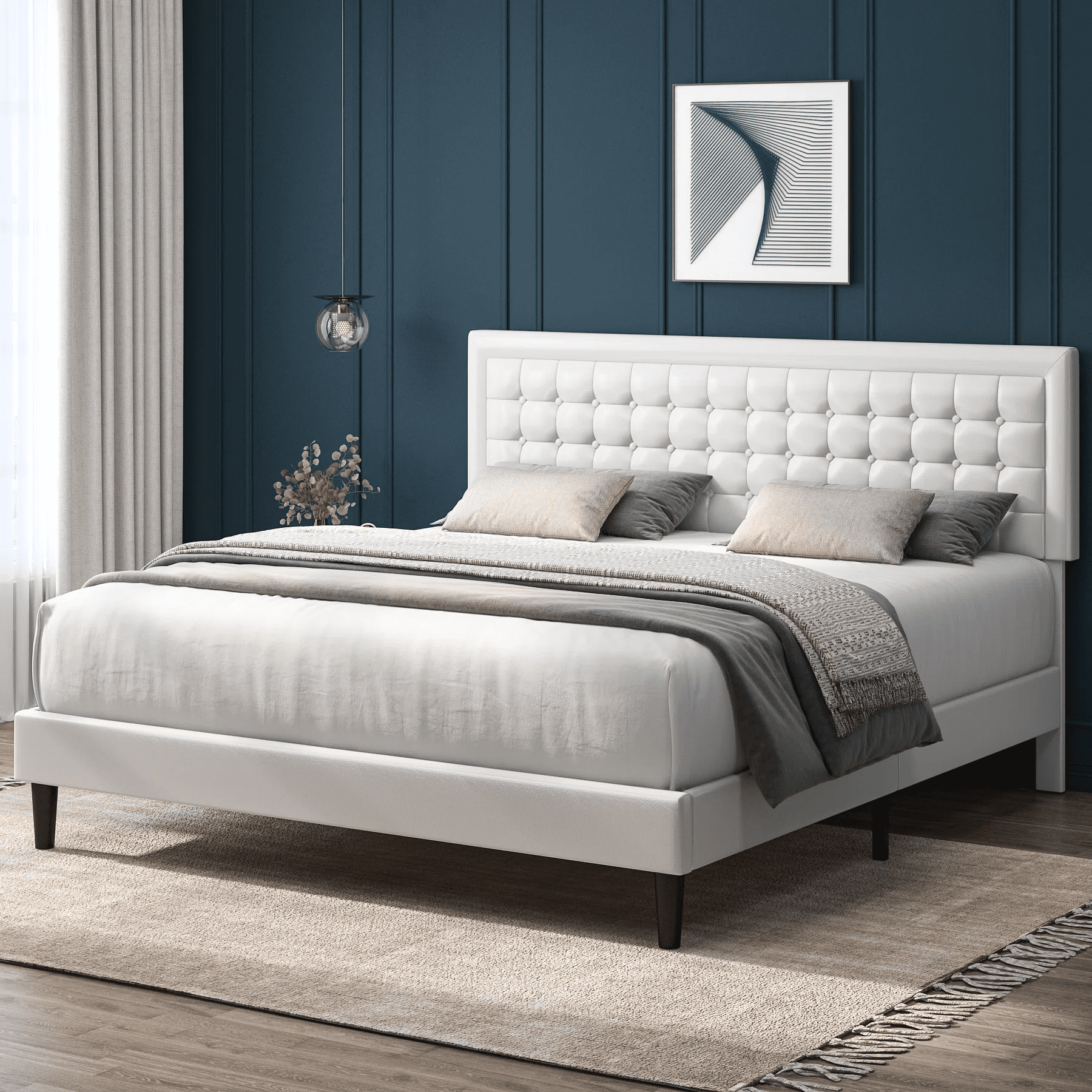 Inzet grens Validatie Homfa Queen Size Bed, Button PU Leather Upholstered Platform Bed Frame with  Adjustable Headboard, White - Walmart.com