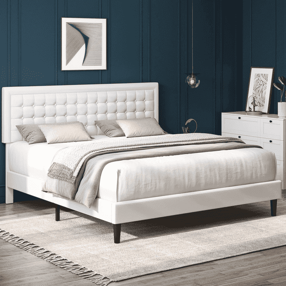 Homfa Queen Size Bed, Button PU Leather Upholstered Platform Bed Frame with Adjustable Headboard, White