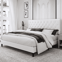 Homfa Queen Size Bed, Faux Leather Upholstered Button Tufted Low Profile Platform Bed Frame with Adjustable Headboard for Bedroom, White