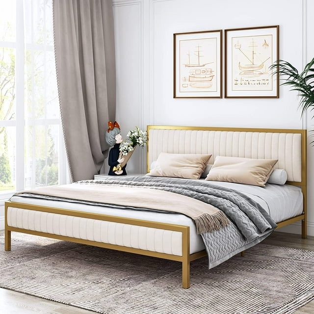 Homfa Queen Size Bed Frame, Golden Metal Platform Bed Frame with Velvet ...