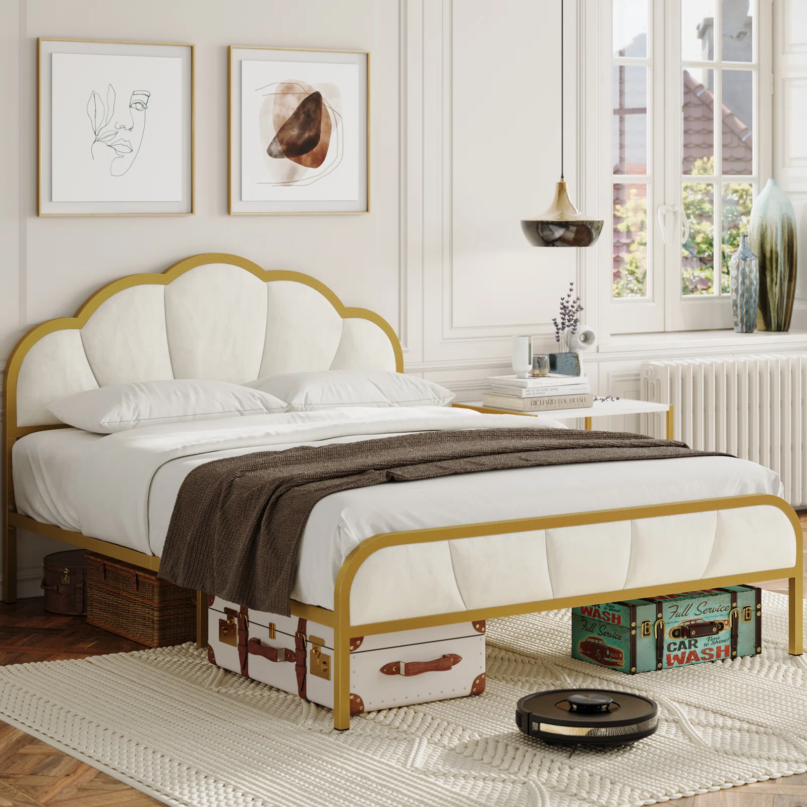 Homfa Queen Size Bed Frame, Golden Velvet Upholstered Platform Bed  with Headboard for Bedroom, Seashell Bed for Kids Girls, Beige - image 1 of 10