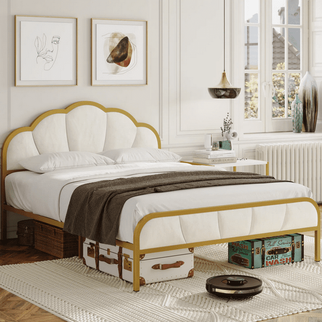 Homfa Queen Size Bed Frame, Golden Velvet Upholstered Platform Bed  with Headboard for Bedroom, Seashell Bed for Kids Girls, Beige